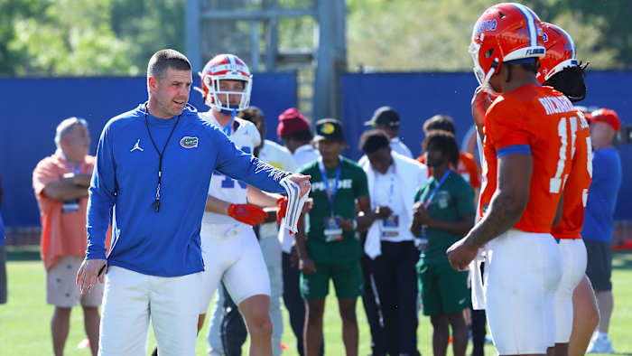 Billy Napier coaches during Florida spring practice
